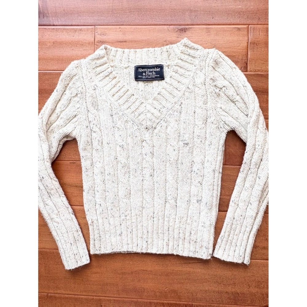 Y2K Abercrombie & Fitch Womens‎ Wool Cable Knit V-Neck Pullover Sweater Cream